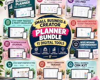 May include: A digital planner bundle featuring 11 tools for small businesses and creators. The collection includes templates for content calendars, salon logs, Etsy shop trackers, freelance invoices, journals, and CRM kits, all displayed on screens.