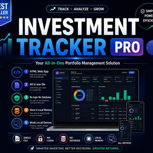 May include: Investment Tracker Pro digital portfolio management tool displayed on a laptop and two mobile devices. The interface features dark mode with colorful charts, graphs, and financial data. Text includes Track, Analyze, Grow, and All-in-One.