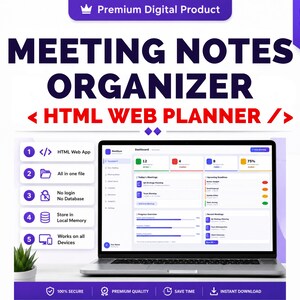 May include: A digital meeting notes organizer and HTML web planner displayed on a laptop screen. The interface shows a dashboard with meeting statistics, progress bars, and task lists. Text includes Meeting Notes Organizer and HTML Web Planner.