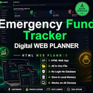 May include: A digital Emergency Fund Tracker web planner displayed on a laptop, tablet, and smartphone. The interface features a dark theme with green accents, showing financial data, savings goals, and a list of five key features including HTML web app.