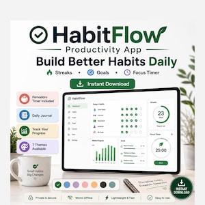 Digitale download gewoontetracker | Pomodoro-timer, doelpunten en treffers | Productiviteitsplanner-app | Dagboek met dagelijkse gewoontes | Offline html