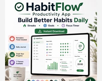 Aplicación HabitFlow para el seguimiento de hábitos, temporizador Pomodoro, seguimiento de objetivos y rachas, descarga digital.