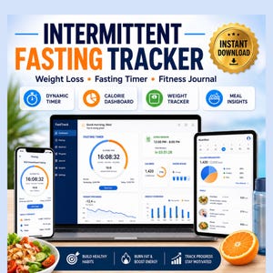 May include: An intermittent fasting tracker digital interface displayed on a laptop, smartphone, and tablet. The screen shows a fasting timer, calorie dashboard, weight tracker, and meal insights. Text includes "INTERMITTENT FASTING TRACKER" and "INSTANT DOWNLOAD".
