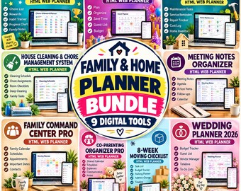 May include: A digital family and home planner bundle featuring nine distinct HTML web planners. Each section displays a laptop and smartphone screen showing specific organizational tools like chore lists, event planners, and wedding trackers.