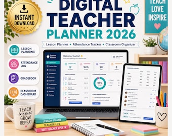 Planificador digital para docentes 2026 / Organizador de lecciones, asistencia y calificaciones (descarga en HTML)