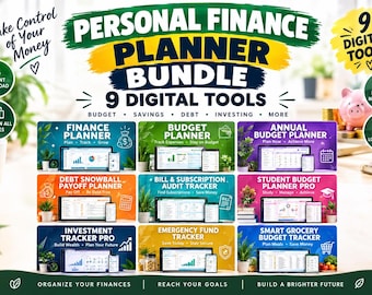 Paquete de planificador de finanzas personales, presupuesto digital, pago de deudas, facturas, ahorros, fondo de emergencia y seguimiento de inversiones.