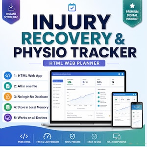Può includere: Un pianificatore web HTML Injury Recovery & Physio Tracker visualizzato su un computer portatile, un tablet e uno smartphone. L'interfaccia mostra grafici di progresso, esercizi quotidiani e metriche di salute. Include app web HTML, file tutto in uno, nessun login, archiviazione locale e compatibilità con i dispositivi.