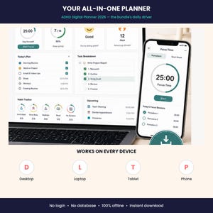May include: A digital planner interface displayed on a laptop screen and a smartphone, showing task lists, habit trackers, and a focus timer. Text includes YOUR ALL-IN-ONE PLANNER, ADHD Digital Planner 2026, Focus Timer, and WORKS ON EVERY DEVICE.