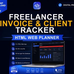 Pode incluir: Um planejador web HTML digital Freelancer Invoice & Client Tracker exibido na tela de um laptop. A interface apresenta um tema escuro com detalhes em vermelho, gráficos de barras e dados financeiros.
