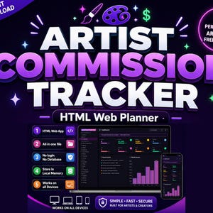 May include: A digital artist commission tracker HTML web planner featuring a dark purple interface with neon accents. The display shows a dashboard with financial charts, a list of features, and icons for a laptop and smartphone on a dark background.