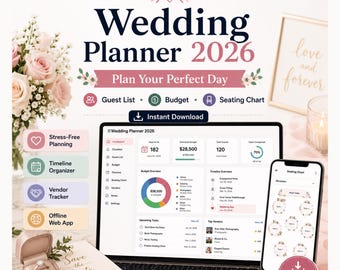 Planificador de bodas 2026 / Presupuesto, lista de invitados, plano de mesas (descarga digital)