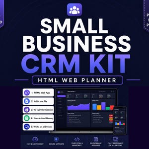 Peut inclure: Un kit CRM pour petite entreprise, planificateur web HTML, avec une interface bleu foncé et des accents violets. L'image montre un ordinateur portable et un smartphone affichant des tableaux de bord, des graphiques et cinq fonctionnalités.