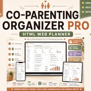 May include: A Co-Parenting Organizer Pro HTML web planner displayed on a laptop, smartphone, and tablet screen. The interface features a dashboard with upcoming events, shared tasks, and expense trackers. The design includes icons and text labels.