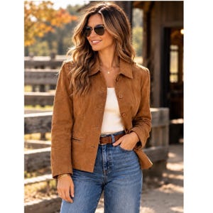 May include: A tan suede jacket with a collared neckline and front button closure, worn over a white top and blue denim jeans with a brown leather belt. The jacket features long sleeves and a structured fit, paired with dark-tinted sunglasses.