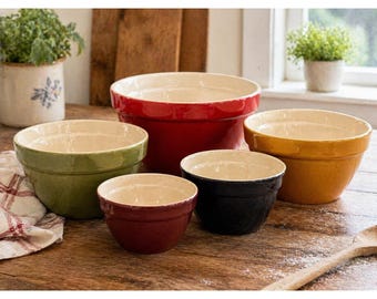 Crate & Barrel Set of 6 Nesting Mixing Bowls Multi Color Ceramic Stoneware Farm