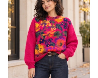Vintage Mohair Whimsy Floral Boho Sweater Fuchsia Cottagecore Pullover  Sz L