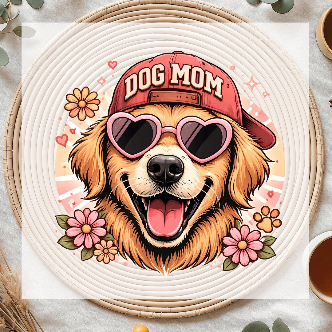 Dog Mom DTF Transfer, Golden Retriever Heart Sunglasses, Ready to Press ...