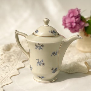 May include: Cream-coloured porcelain teapot with a lid, handle, and spout. The teapot is decorated with small blue floral patterns and gold trim. A vintage-style tea pot for serving tea.