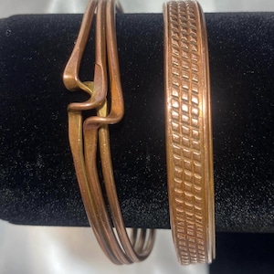 Vintage Mid Century Modernist Copper Cuff Bracelet Set of 2, Gregorio Signed Multi Wire Bypass & Textured Waffle Basketweave Stacking Bangle