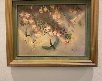 Vintage Hummingbird Fuchsia Painting – Signed Linda Chinoiserie Art (16.5" x 20.5")