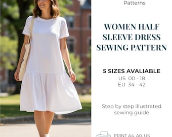 Patron de couture de robe pour femme PDF | Robe à volants étagée à manches courtes | florale taille basse | Couture facile pour débutant | Cottagecore Été