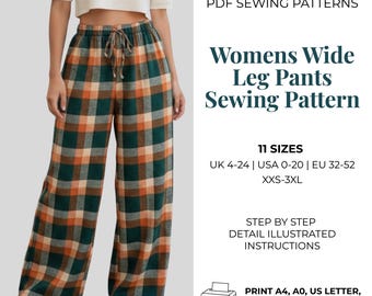 Pantalon taille élastique PDF Patron de couture | large pour femme | Patron de couture pour débutants | Pantalon en lin | Taille XS-4XL | Téléchargement instantané