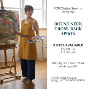 Round Neck Cross Back Apron Sewing Pattern PDF | Japanese Pinafore Pattern | Easy Beginner Apron | Artist & Kitchen Apron | Instant Download