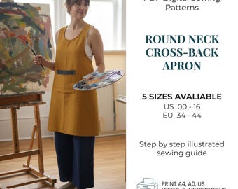 Patron de couture de tablier col rond croisé dans le dos PDF | Motif tablier japonais | Tablier facile pour débutant | Artiste et tablier de cuisine | Téléchargement instantané