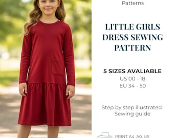 Patron de couture de robe pour fille PDF | Robe taille basse à volants | à manches longues Cottagecore | Couture pour débutants | 2-12 ans | Téléchargement instantané
