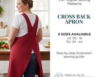 Patron de couture de tablier croisé dans le dos PDF | tablier japonais tablier | Tablier en lin à motif | Adapté aux débutants | XXS-3TG unisexe | Téléchargement instantané