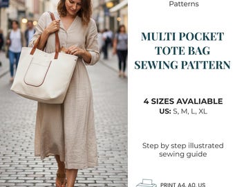 Sac fourre-tout multi-poches Patron de couture PDF | Cabas en toile | Sac de marché réutilisable | Patron de couture de sac à main pour débutant | Téléchargement instantané