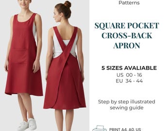 Patron de couture de tablier croisé dans le dos avec poche carrée PDF | Motif tablier japonais | Tablier facile à coudre pour débutants | Artiste et tablier de cuisine | XXS-3XL