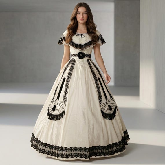 belk black and white dresses 1860s Victorian Civil War Southern Belle Ball Gown – Ivory Historical Costume Dress this dress features a