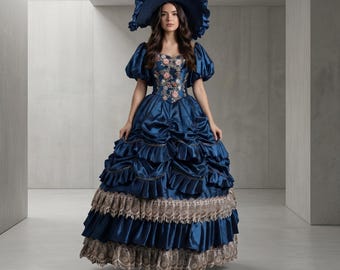 May include: A dark blue, vintage-style dress with a matching hat. The dress features a ruffled skirt, puffed sleeves, and floral embroidery on the bodice. The skirt has a lace trim. The hat has a wide brim and is adorned with ruffles.