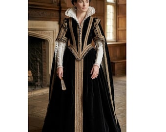 May include: A black velvet gown with gold trim and accents. The dress features a high collar, long sleeves, and a cape. The gown is reminiscent of historical attire, with intricate detailing and a formal design. The dress is worn by a person in a room with a fireplace.