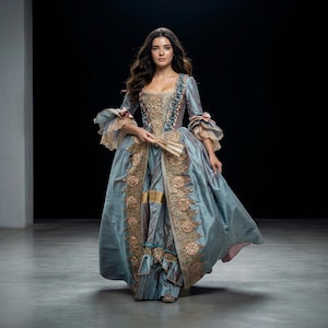Puede incluir: Un vestido histórico azul claro con bordados dorados y rosas. El vestido presenta mangas largas con puños con volantes, un escote bajo y una falda amplia. Se sostiene un abanico en la mano. El vestido recuerda la época rococó.