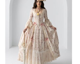 18th Century Rococo Floral Victorian Princess Gown – Marie Antoinette Cottagecore Ball Dress