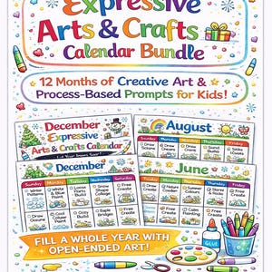Peut inclure: Un ensemble de calendriers colorés pour les arts et l'artisanat, avec le texte "Yearly Expressive Arts & Crafts Calendar Bundle". Il propose des invites créatives pour les enfants, avec des thèmes mensuels et des fournitures d'art.