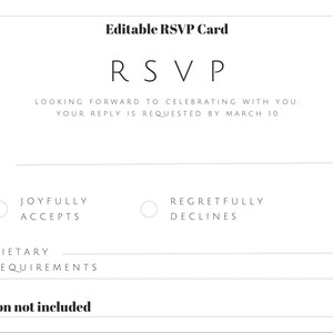 May include: A white RSVP card with black text. The card includes the word "RSVP" and prompts for a reply by March 10. It has options to "Joyfully Accepts" or "Regretfully Declines" and a section for dietary requirements.