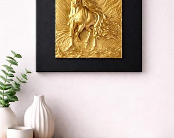 3D Gold Horse Canvas Wall Art – Handmade Equestrian Sculpture