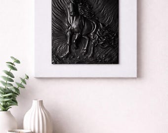 3D Black Horse Canvas Wall Art – Handmade Equine Sculpture