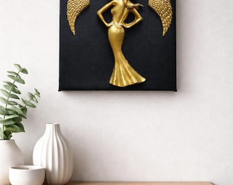 Gold Woman Sculpture Canvas – 3D Angel Wings, Glam Wall Art