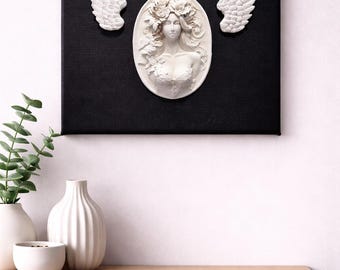 3D Resin Woman & Angel Wings Canvas – Gothic Glam Wall Art