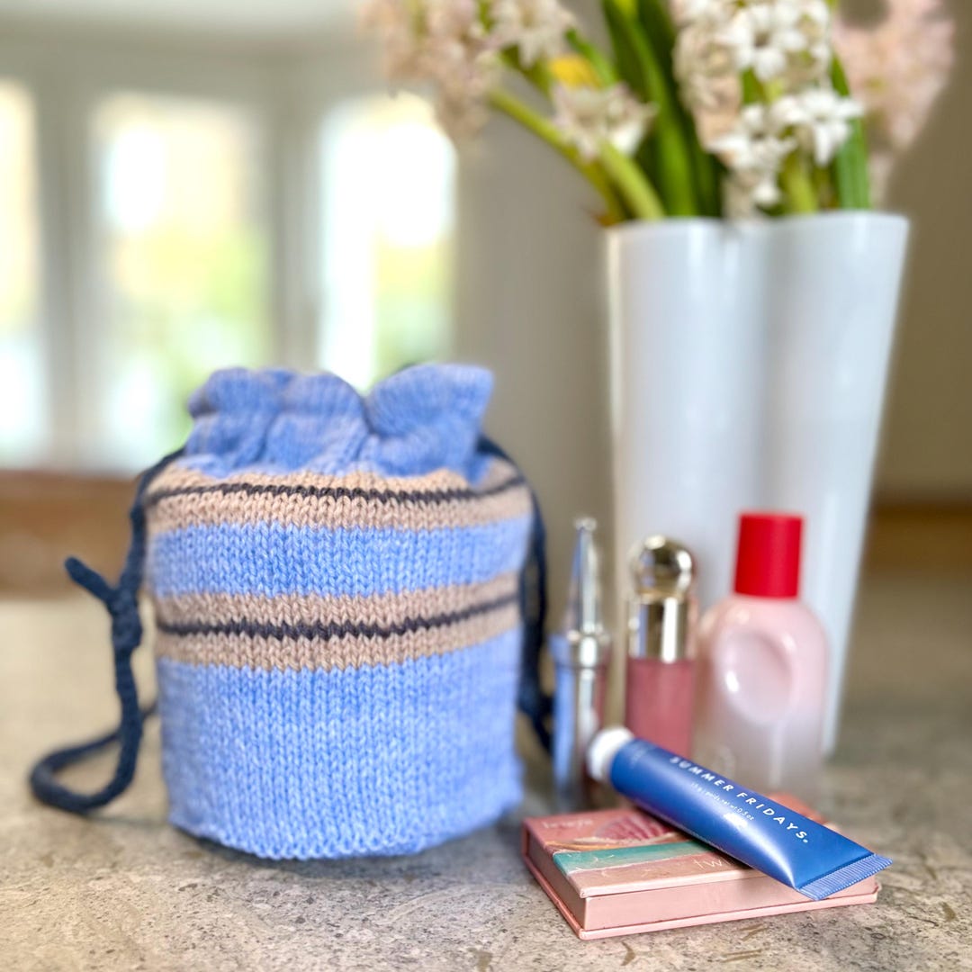 Hand Knitted Drawstring Pouch | Soft Blue Striped Storage Bag | Gift ...