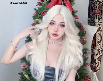 28 Inch Long Wave White Gold Synthetic Wig Middle Part