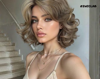 12 Inch Vintage Curly Wig With Bangs Brown Highlights Synthetic Hair
