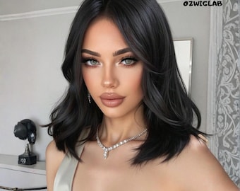 16 Inch Body Wave Wig Middle Part Black Blonde Synthetic Hair