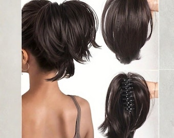 8 Inch Messy Bun Hair Piece Claw Clip Straight Short High Ponytail Extension Tousled Updo for Women Daily Wear Party