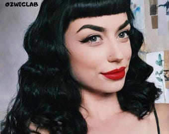 50s Rockabilly Vintage Wig Synthetic Wavy Black Hair with Bangs for Women Cosplay Party Halloween