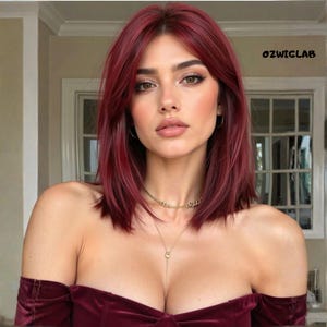 Può includere: Una donna con lunghi capelli bordeaux a strati. Indossa una collana d'oro e un top bordeaux con spalle scoperte. Il testo "OZWIGLAB" è visibile nell'angolo in alto a destra.